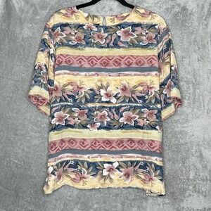 Quo Silk XL Shirt Top Pink Floral Striped Short Sleeve Round Neck Button Back